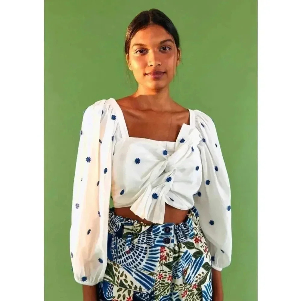 FARM RIO Blue FLowers Long Sleeve Crop SZ XL NWOT - Picture 3 of 9